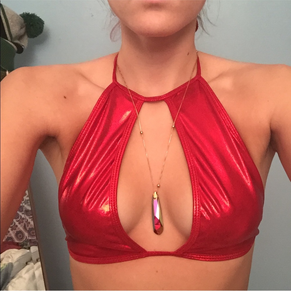 Red Halter Cutout Shine Crop Top